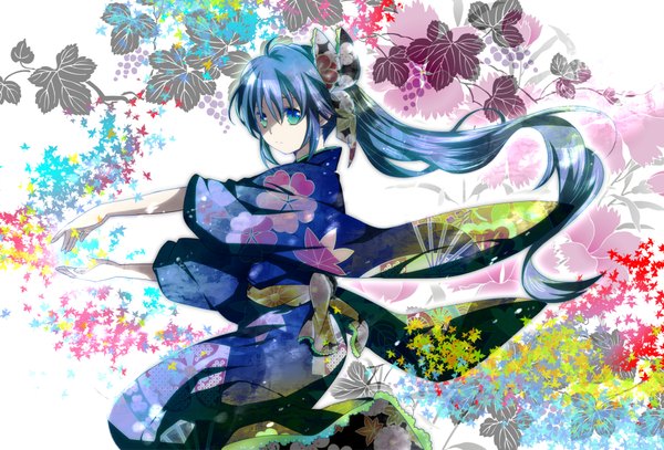 Anime picture 2000x1357 with vocaloid hatsune miku mariwai (marireroy) single long hair looking at viewer highres twintails japanese clothes aqua eyes aqua hair girl hair ornament flower (flowers) bow plant (plants) hair bow belt kimono