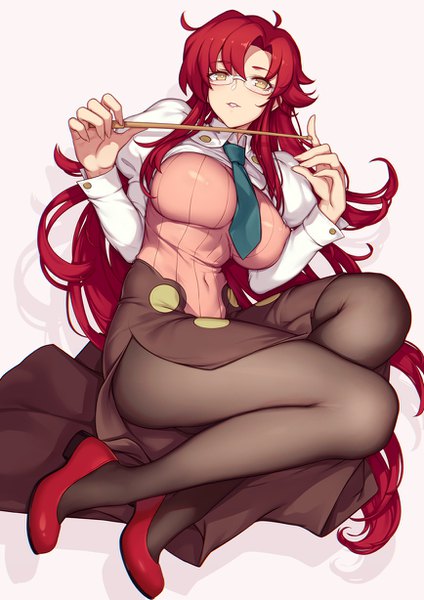 Anime picture 868x1228 with tengen toppa gurren lagann gainax yoko littner yomako evan yang single tall image looking at viewer breasts light erotic simple background large breasts yellow eyes full body ahoge red hair very long hair shadow covered navel covered nipples