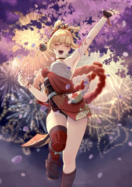 Anime picture 2382x3370 with genshin impact yoimiya (genshin impact) mimisuke37 single tall image highres short hair open mouth blonde hair outdoors ponytail eyes closed traditional clothes japanese clothes arm up from below armpit (armpits) tattoo ^ ^ ^o^
