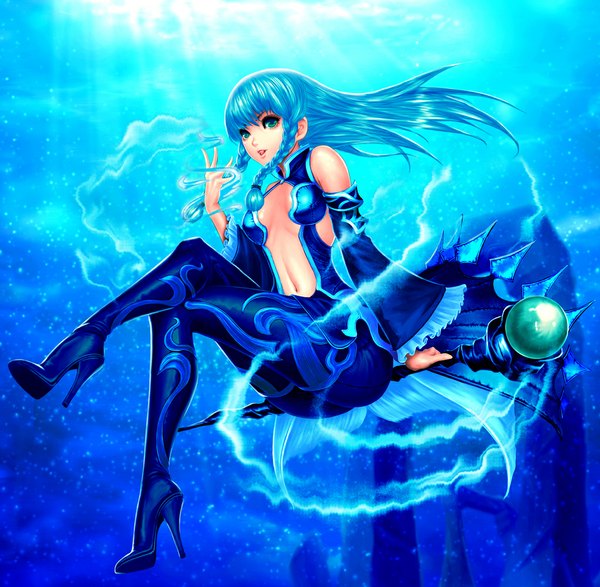 Anime picture 1022x1000 with original seppy single long hair fringe open mouth bare shoulders green eyes blue hair braid (braids) high heels magic girl navel detached sleeves staff