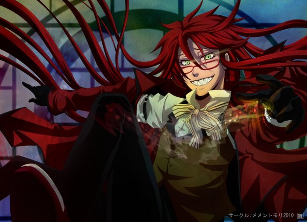 Anime picture 1142x827 with kuroshitsuji a-1 pictures grell sutcliff kuro-mai long hair smile green eyes red hair teeth grin sharp teeth shinigami boy gloves glasses suit