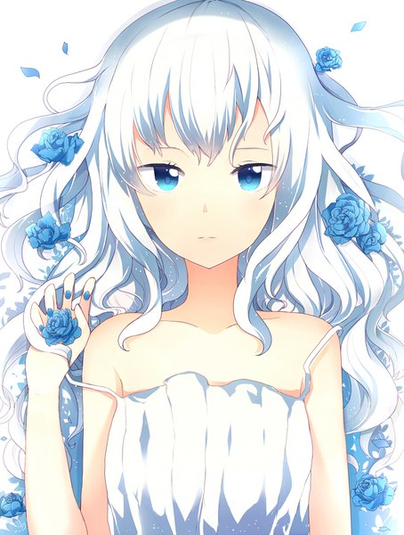 Anime picture 700x925 with original natsume3304 single long hair tall image looking at viewer blush fringe blue eyes simple background white background bare shoulders holding upper body white hair lying nail polish fingernails on back sleeveless
