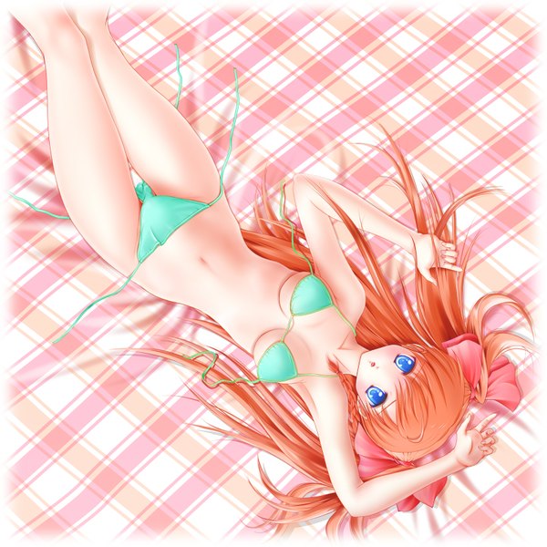 Anime picture 1600x1600 with honey coming kamijou asahi miharin (artist) single long hair blue eyes light erotic twintails lying orange hair girl swimsuit bikini