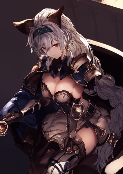 Anime picture 1400x1980 with granblue fantasy heles kyouya (mukuro238) single long hair tall image fringe breasts light erotic smile hair between eyes large breasts sitting holding brown eyes animal ears cleavage silver hair braid (braids) from above