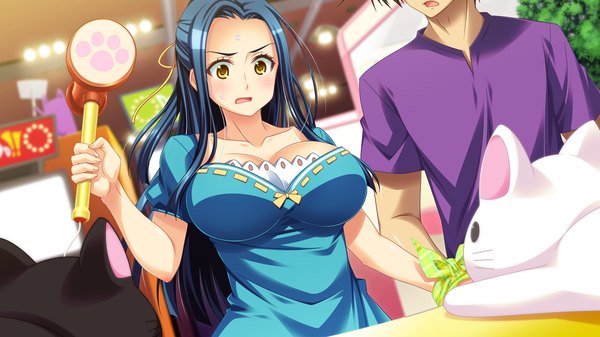 Anime picture 2048x1152 with omae no pantsu wa nani-iro da! kyougoku yomi bomi long hair blush highres breasts open mouth light erotic wide image large breasts yellow eyes blue hair game cg girl dress