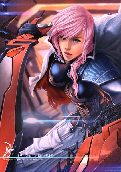 Anime-Bild 900x1275 mit final fantasy final fantasy xiii lightning returns: final fantasy xiii square enix lightning farron clearmirrorstillh20 (artist) single long hair tall image looking at viewer breasts large breasts holding green eyes signed pink hair parted lips lips realistic depth of field