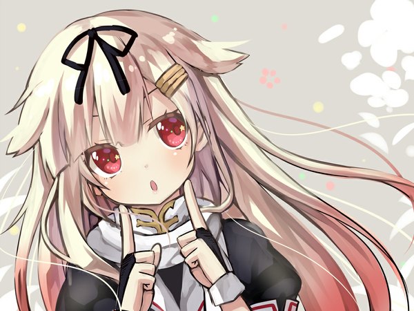 Anime picture 1100x825 with kantai collection yuudachi destroyer yano mitsuki single long hair blush open mouth blonde hair red eyes pink hair multicolored hair :o gradient hair looking up remodel (kantai collection) girl gloves hair ornament ribbon (ribbons) hair ribbon