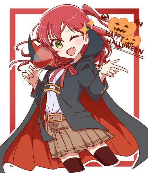 Anime picture 1011x1180 with bocchi the rock! cloverworks kita ikuyo illustratorhide single long hair tall image simple background white background green eyes red hair pleated skirt one eye closed wink fang (fangs) one side up text halloween english framed