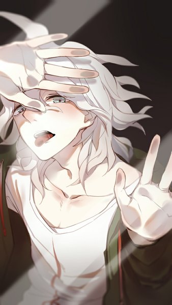 Anime picture 640x1136 with dangan ronpa komaeda nagito qinlove single tall image looking at viewer blush short hair open mouth blue eyes simple background ahoge white hair black background against glass tongue hands