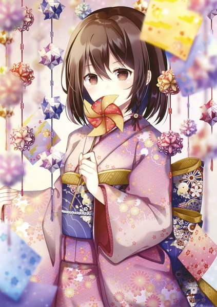 Anime picture 2115x3000 with original eshi 100-nin ten kusada souta single tall image looking at viewer blush fringe highres short hair hair between eyes brown hair standing holding brown eyes upper body traditional clothes japanese clothes blurry scan