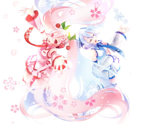 Anime picture 1500x1313 with vocaloid hatsune miku yuki miku sakura miku yuki miku (2011) chiyo (rotsurechiriha) long hair open mouth simple background white background twintails multiple girls blue hair pink hair eyes closed pink eyes girl skirt flower (flowers) 2 girls