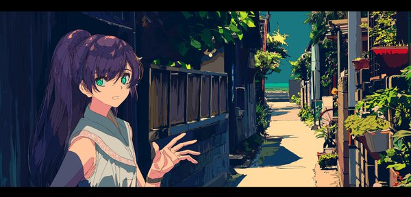 Anime picture 10500x5044 with original kogecha (coge ch) single long hair fringe highres hair between eyes wide image green eyes absurdres purple hair upper body outdoors ponytail arm up sleeveless letterboxed incredibly absurdres alley girl