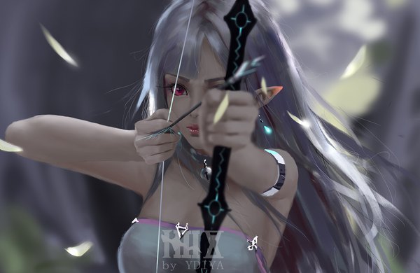 Anime picture 1660x1080 with original ydiya single long hair looking at viewer fringe bare shoulders holding pink eyes wind lips pointy ears grey hair fighting stance archery girl weapon leaf (leaves) bell jingle bell