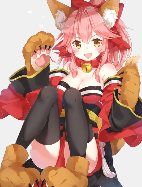 Anime picture 1600x2106 with fate (series) fate/grand order tamamo (fate) (all) tamamo cat (fate) jimmy madomagi single long hair tall image looking at viewer blush breasts open mouth light erotic simple background bare shoulders animal ears yellow eyes pink hair cleavage ponytail