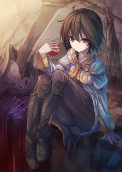 Anime picture 1254x1771 with shinigami o tabeta shoujo fal maro single tall image looking at viewer short hair red eyes brown hair sitting eating skeleton girl weapon shirt pants fruit apple scythe bitten apple