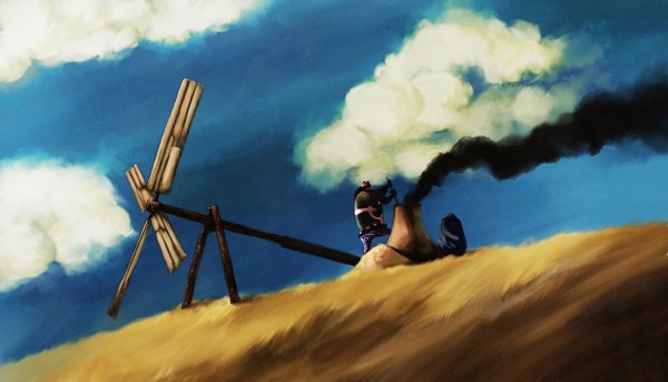 Anime picture 1254x717 with one piece laputa castle in the sky toei animation studio ghibli bartholomew kuma iridori wide image sky cloud (clouds) smoke boy fan