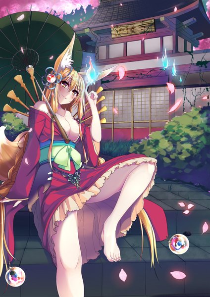 Anime-Bild 2480x3507 mit original kyona (konakona) tall image looking at viewer highres breasts light erotic blonde hair large breasts sitting bare shoulders animal ears payot tail braid (braids) very long hair traditional clothes japanese clothes animal tail barefoot