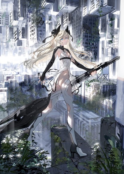 Anime picture 2912x4096 with original nanaponi single long hair tall image looking at viewer fringe highres blue eyes light erotic blonde hair hair between eyes holding full body outdoors ass high heels two side up walking post-apocalyptic