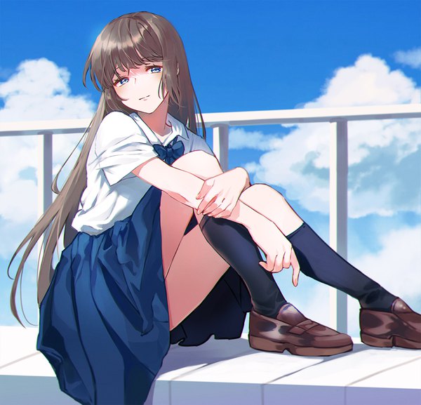 Anime picture 1141x1098 with original oso 5425 single long hair fringe blue eyes brown hair sitting sky cloud (clouds) full body outdoors blunt bangs pleated skirt girl skirt uniform school uniform socks shoes