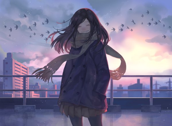 Anime picture 1014x746 with original yamakawa single long hair fringe smile brown hair standing sky cloud (clouds) outdoors eyes closed pleated skirt wind hands in pockets girl skirt animal scarf bird (birds)