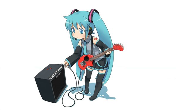 Anime picture 1920x1200 with vocaloid hatsune miku highres wide image white background full body tattoo zettai ryouiki girl thighhighs detached sleeves necktie headphones thigh boots vest wire (wires) guitar electric guitar plectrum amplifier