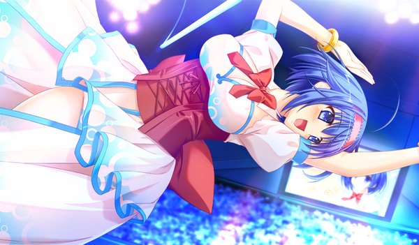 Anime picture 1024x600 with prestar blush short hair open mouth light erotic wide image blue hair game cg girl dress bracelet hairband bowtie