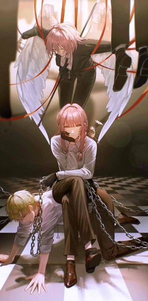 Anime picture 2996x6071 with chainsaw man mappa makima (chainsaw man) denji (chainsaw man) angel devil (chainsaw man) yolanda long hair tall image looking at viewer fringe highres short hair blonde hair hair between eyes brown hair sitting holding signed yellow eyes payot