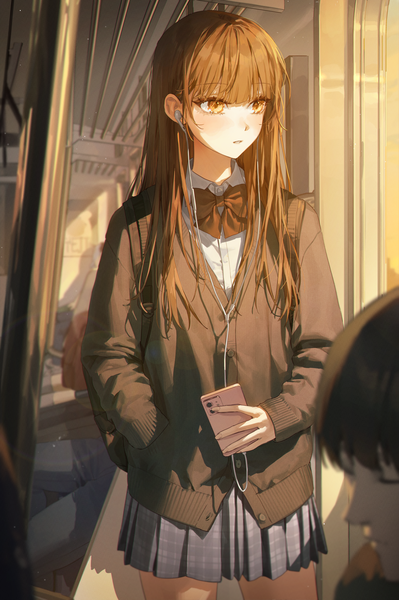 Anime picture 3000x4506 with original kellymonica02 single long hair tall image blush fringe highres brown hair standing holding brown eyes looking away blunt bangs long sleeves parted lips sunlight lens flare plaid skirt solo focus