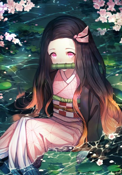 Anime picture 1196x1712 with kimetsu no yaiba ufotable kamado nezuko inosia single long hair tall image looking at viewer blush black hair sitting holding traditional clothes japanese clothes pink eyes multicolored hair from above arm support two-tone hair partially submerged
