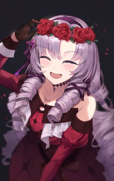 Anime picture 1005x1598 with virtual youtuber nijisanji hyakumantenbara salome hyakumantenbara salome (1st costume) namiura single long hair tall image blush open mouth purple hair eyes closed from above drill hair ^ ^ tress ribbon ^o^ girl gloves flower (flowers)
