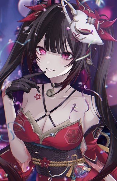 Anime picture 3538x5486 with honkai: star rail honkai (series) sparkle (honkai: star rail) chllin0 single long hair tall image fringe highres breasts light erotic black hair smile large breasts bare shoulders payot looking away absurdres cleavage upper body