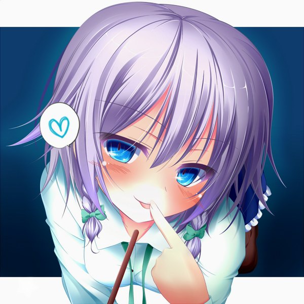 Anime picture 1536x1536 with touhou izayoi sakuya gaga (artist) single looking at viewer blush short hair blue eyes purple hair braid (braids) twin braids finger to mouth girl bow hair bow sweets pocky