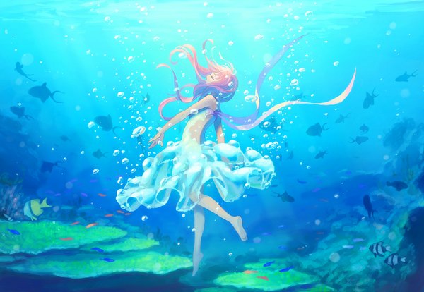 Anime picture 1000x690 with original hiko (scape) single long hair bare shoulders pink hair eyes closed barefoot underwater girl dress ribbon (ribbons) water bubble (bubbles) fish (fishes)