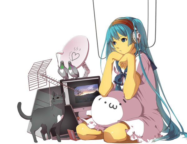 Anime picture 1906x1476 with vocaloid hatsune miku long hair highres blue eyes simple background white background sitting twintails animal ears blue hair cat ears girl animal heart headphones bird (birds) wire (wires) laptop computer