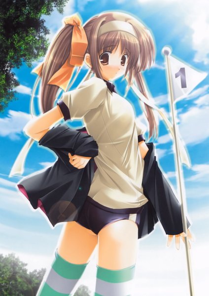 Anime picture 2160x3054 with ikegami akane long hair tall image highres brown hair brown eyes girl thighhighs uniform hairband striped thighhighs gym uniform