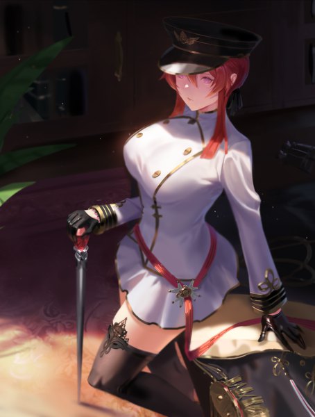 Anime picture 1100x1455 with azur lane monarch (azur lane) dongfangzhong111 single tall image fringe short hair breasts hair between eyes large breasts standing holding payot looking away red hair indoors long sleeves pink eyes from above sunlight
