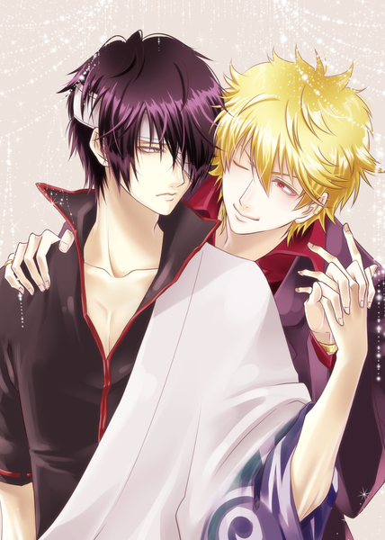 Anime picture 1785x2500 with gintama sunrise (studio) sakata gintoki takasugi shinsuke zumi spiral tall image highres short hair blonde hair simple background red eyes purple hair one eye closed wink grey eyes holding hands partially open clothes shounen ai bandage over one eye boy