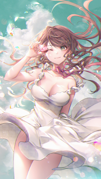 Anime picture 700x1243 with virtual youtuber tsunderia miori celesta ozzingo single long hair tall image looking at viewer fringe breasts light erotic smile brown hair large breasts standing holding green eyes sky cleavage cloud (clouds)