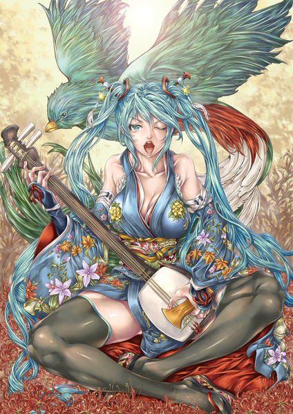 Anime picture 1131x1600 with vocaloid hatsune miku juunin toiro (artist) single long hair tall image looking at viewer open mouth light erotic sitting twintails bare shoulders traditional clothes one eye closed aqua eyes wink aqua hair girl thighhighs flower (flowers)