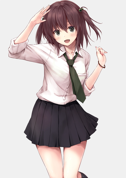 Anime picture 836x1180 with original suien single long hair tall image looking at viewer blush fringe breasts open mouth simple background smile hair between eyes brown hair nail polish head tilt :d pleated skirt arm up fingernails