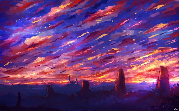 Anime picture 1301x811 with original ryky wide image signed sky cloud (clouds) shadow evening sunset no people fantasy rock dragon