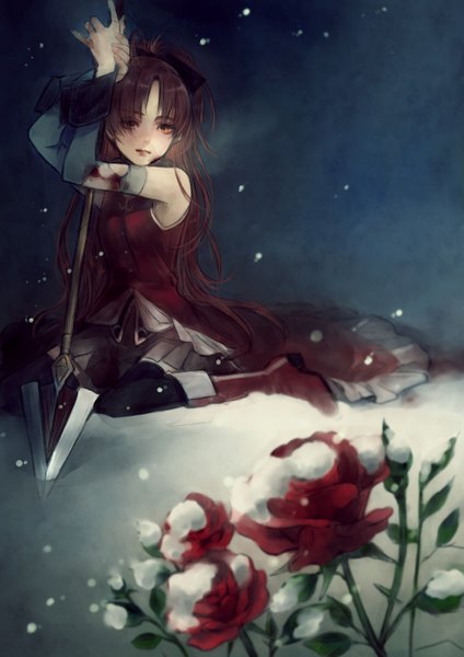 Anime picture 1000x1416 with mahou shoujo madoka magica shaft (studio) sakura kyouko yukishiro (hitsuji) single long hair tall image looking at viewer fringe red eyes sitting bare shoulders full body ponytail red hair pleated skirt wariza snowing snow exhalation