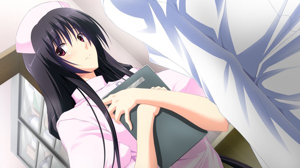 Anime picture 2560x1440 with omae no onna o netotteyaru takeda ayaka long hair highres black hair wide image game cg nurse girl nurse cap