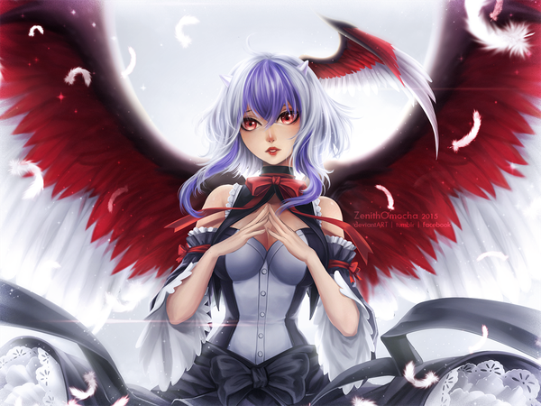 Anime picture 1200x900 with touhou tokiko (touhou) zenithomocha single long hair looking at viewer blush fringe breasts open mouth red eyes standing bare shoulders purple hair horn (horns) sunlight wide sleeves short sleeves wallpaper sunbeam