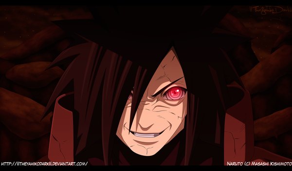 Anime picture 1600x936 with naruto studio pierrot naruto (series) uchiha madara iitheyahikodarkii single long hair fringe black hair smile wide image purple eyes hair over one eye grin coloring portrait letterboxed rinnegan boy armor