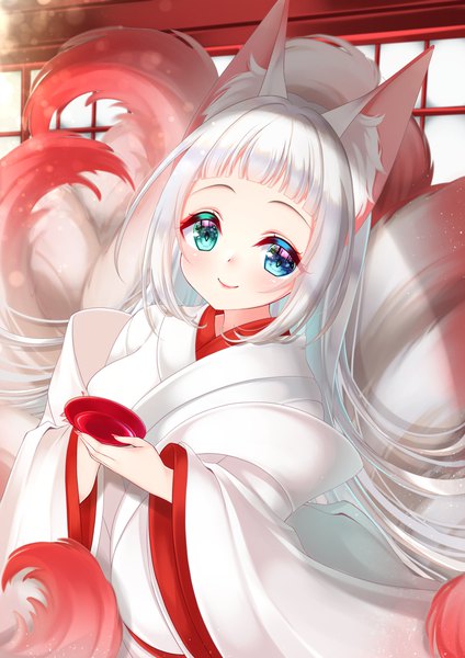 Anime picture 1414x2000 with original mirai (happy-floral) single long hair tall image looking at viewer blush fringe smile animal ears silver hair tail blunt bangs traditional clothes japanese clothes animal tail fox ears heterochromia fox tail fox girl