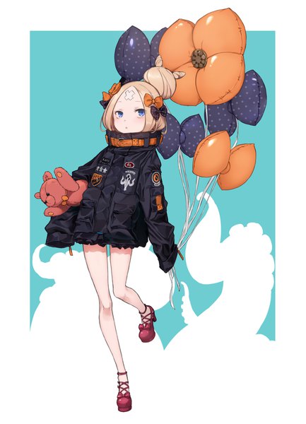 Anime picture 1533x2121 with fate (series) fate/grand order abigail williams (fate) hoshi rousoku single long hair tall image blue eyes blonde hair standing looking away full body hair bun (hair buns) border standing on one leg heroic spirit traveling outfit girl bow hair bow jacket