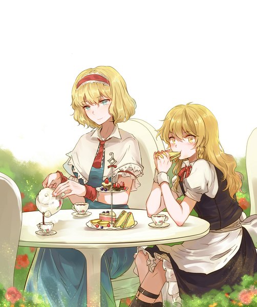 Anime picture 1700x2031 with touhou kirisame marisa alice margatroid aili (aliceandoz) long hair tall image looking at viewer short hair blue eyes blonde hair smile white background sitting multiple girls yellow eyes short sleeves puffy sleeves wavy hair eating pouring