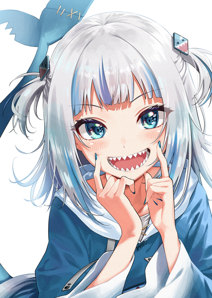 Anime picture 1061x1495 with virtual youtuber hololive hololive english gawr gura gawr gura (1st costume) aisu reizou single long hair tall image looking at viewer blush open mouth blue eyes simple background white background silver hair tail nail polish :d multicolored hair