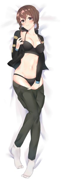 Anime picture 2100x6000 with steins;gate white fox amane suzuha ardi rayhan single tall image looking at viewer blush fringe highres short hair breasts light erotic hair between eyes brown hair brown eyes payot full body bent knee (knees) lying